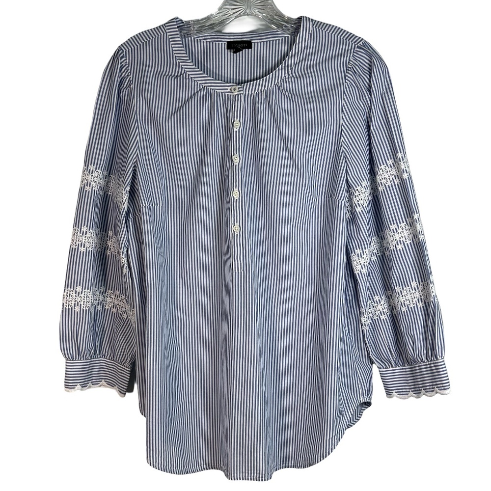 Talbots WM Striped Mock Necked Five Button Blouse with Embroidered Eyelet Detail